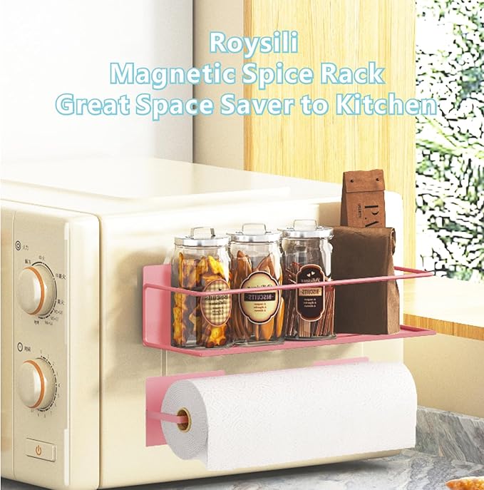 Magnetic Spice Rack For Refrigerator, Space Saving Magnetic Shelf For Fridge Pink 2 Pack With Magnetic Paper Towel Holder - Image 7
