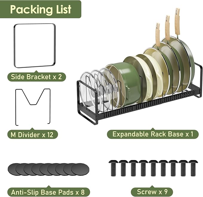 MUDEELA Pot Rack Pan Organizer inside Cabinet - Expandable Pot Lid Organizer for Cabinet with 12 Adjustable Dividers, Cutting Board Organizer Holder Baking Rack Kitchen Cabinet Storage Organization - Image 8