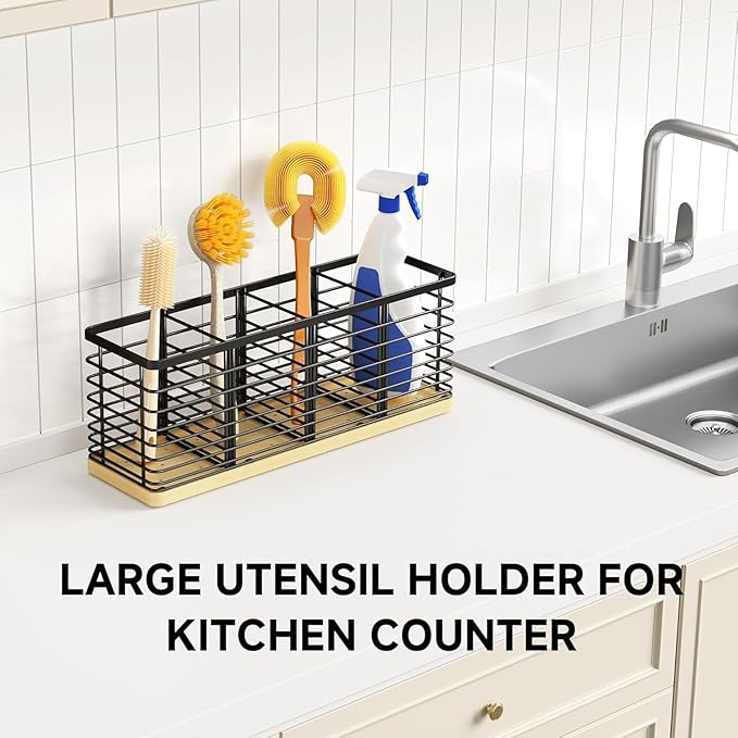 Kitchen Cooking Utensil Holder for Kitchen Counter,4 Large Black Compartments with Wooden Base utensil caddy,Rustic Style Utensil Utensil Organizer for Farmhouse Kitchen Countertop
