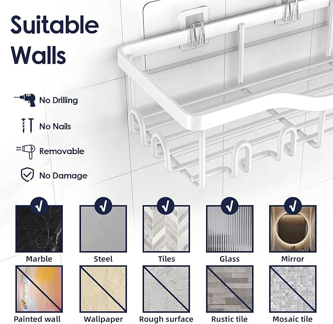 NESOMI Shower Caddy Adhesive Shower Organizer 7-Pack, Rustproof Stainless Steel Bathroom Shelves, Large Capacity No-Drill Rack Storage Accessories with Soap Dish Toothbrush Holder Hooks - Image 9