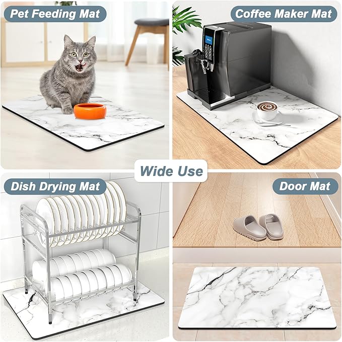 Rnivvi Coffee Mat, 12" x 19" Cute Marble Style Coffee Bar Mats for Espresso Machine Station Accessories and Organizer, Hide Stain Rubber Backed Absorbent Dish Drying Pad for Kitchen Counter, White - Image 7