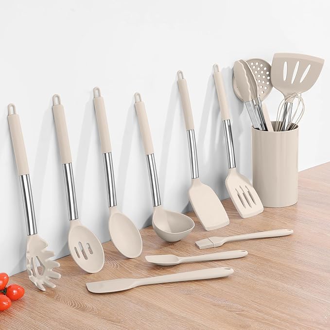 Onader Silicone Cooking Utensils Set of 15, Kitchen Utensils Set with Holder for Nonstick Cookware, 446°F Heat Resistant Stainless Steel Handle - Khaki - Image 9