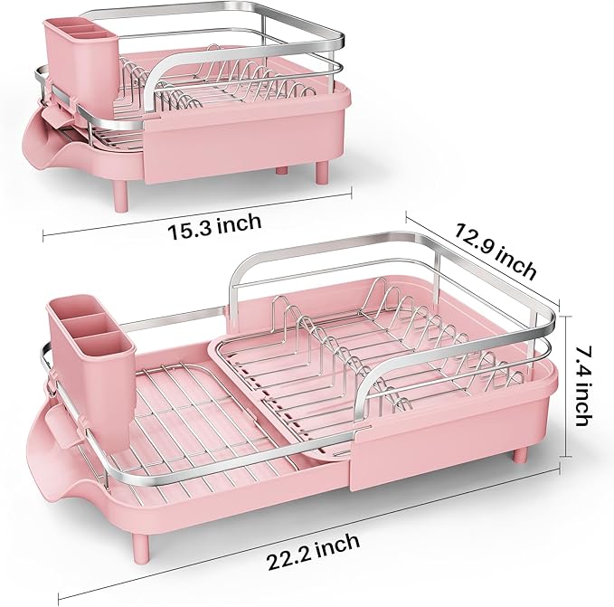SAYZH Dish Drying Rack - Expandable Dish Rack for Kitchen Counter, Rust-Resistant Dish Drainer with Utensil Holder and Raised Guardrail, Kitchen Organizer for Cup and Bottle (Pink) - Image 8
