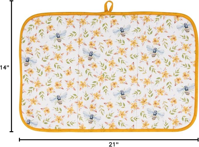 Primitives by Kathy Decorative Kitchen Drying Mat, Full Color Design, ultra-absorbent vibrant pattern/bees/flowers hand painted unique watercolor style dish mat pad kitchen accessory/spring home decor