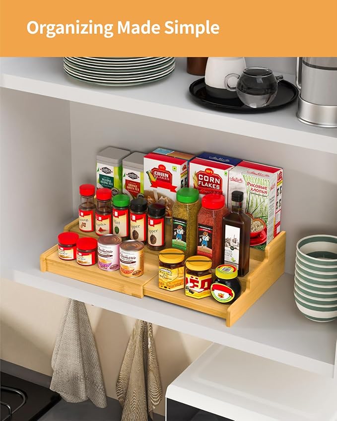 VenDotbi Spice Rack, 3-Tier Expandable Bamboo Spice Rack Organizer for Cabinet, Kitchen, Pantry and Cupboard Storage Organizer(2pack) - Image 7