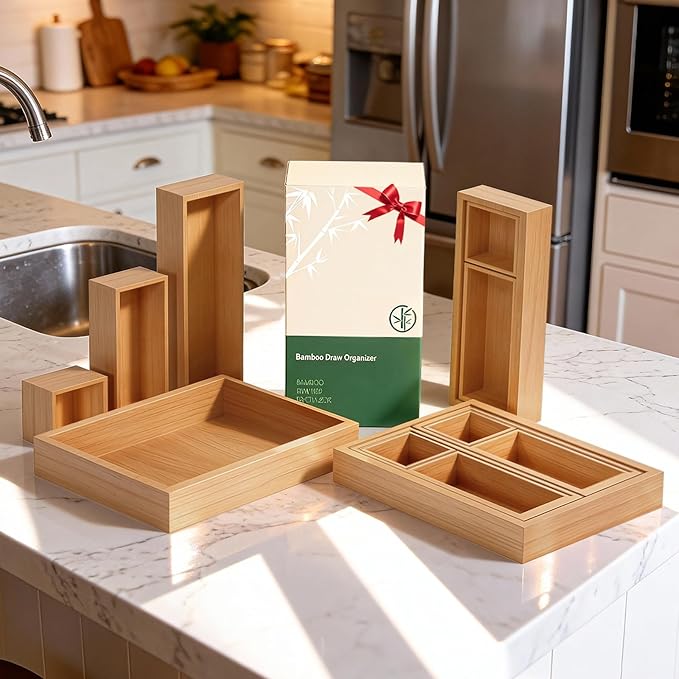 Bamboo Drawer Organizer 7 Pcs for Kitchen Multi-purpose Storage Dividers for Kitchen, Office, Jewelry, Cosmetics, Wooden Drawer Dividers for Drawer Organizer Desk Organizer Gift for Women Gifts Idea - Image 9
