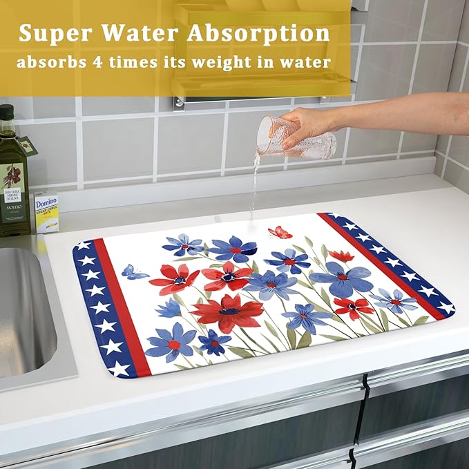 Giwawa 4th of July Flower Dish Drying Mat 18"x24" Independence Day Stars Dish Drainer Mats Watercolor Patriotic Floral Microfiber Dish Drying Rack Pad for Kitchen Countertop Large Decor