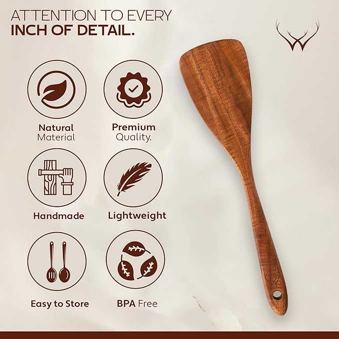 16 Pcs Teak Wooden Cooking Utensils Set – Premium Teak Wooden Utensil Set with Holder, Wooden Spoons for Cooking, Spatulas & Ladle – Durable Kitchen Utensils for Everyday Use - Cooking Utensils Set - Image 7