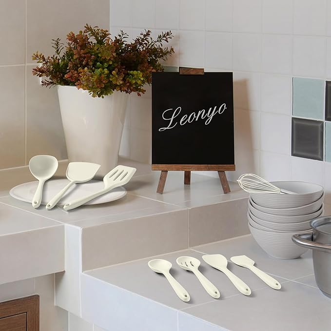 10 Pack Kitchen Utensils Set for Cooking, Leonyo Silicone Cooking Utensils Set, 446°F Heat Resistant Silicone Kitchen Tool with Turner Spatula, Serving Spoon, Whisk for Nonstick Cookware - White