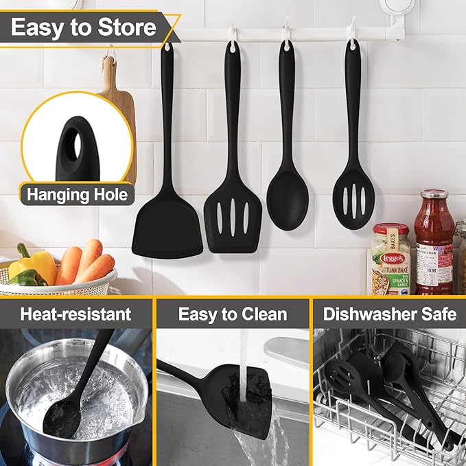 P&P CHEF Kitchen Utensil Set, 4 Pieces Non-stick Silicone Cooking Utensils, Heat-resistant Slotted Solid Spoon Turner for Frying, Mixing, Serving, Non-toxic & Easy to Clean, Black - Image 7