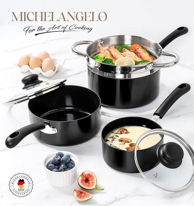 MICHELANGELO Nonstick Saucepan with Lid, Ceramic Sauce Pan Sets, Easy to Clean Sauce Pans, Multi-Purpose Cooking Pots, 1QT & 2QT & 3QT, Silver - Image 7