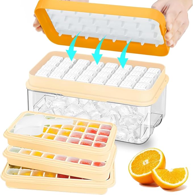 Ice Cube Tray, Ice Tray with Lid and Bin and Ice Scoop, Ice Cube Pop Out Tray, Ice Cube Trays for Freezer, Ice Cube Molds, BPA Free, Easy Release Stackble Spill-Resistant (Orange 3 Tier)