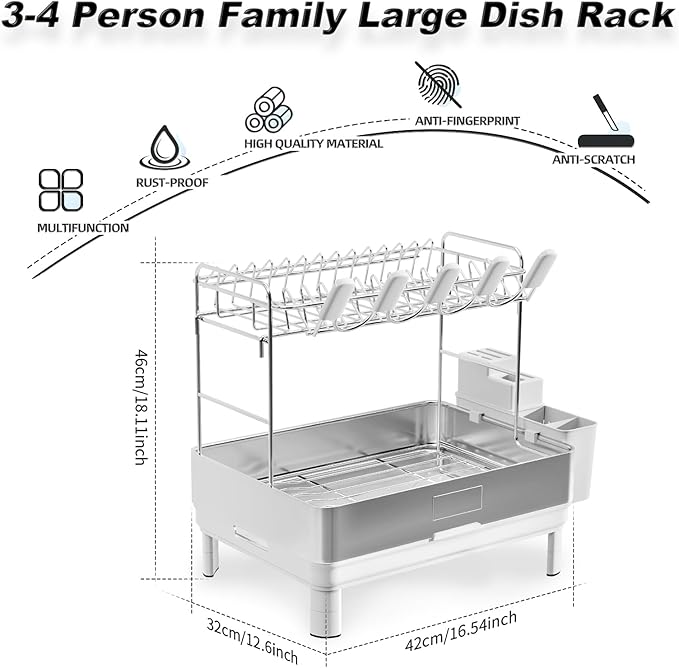 Ewaiira Dish Drying Rack, 2 Tier Large Dish Rack, Stainless Steel Dish Drainer for Kitchen Counter, Dishes Rack with Automatic Drainage, Utensil Holder&Cups Holder,Space Saving Kitchen Organizer,White - Image 9