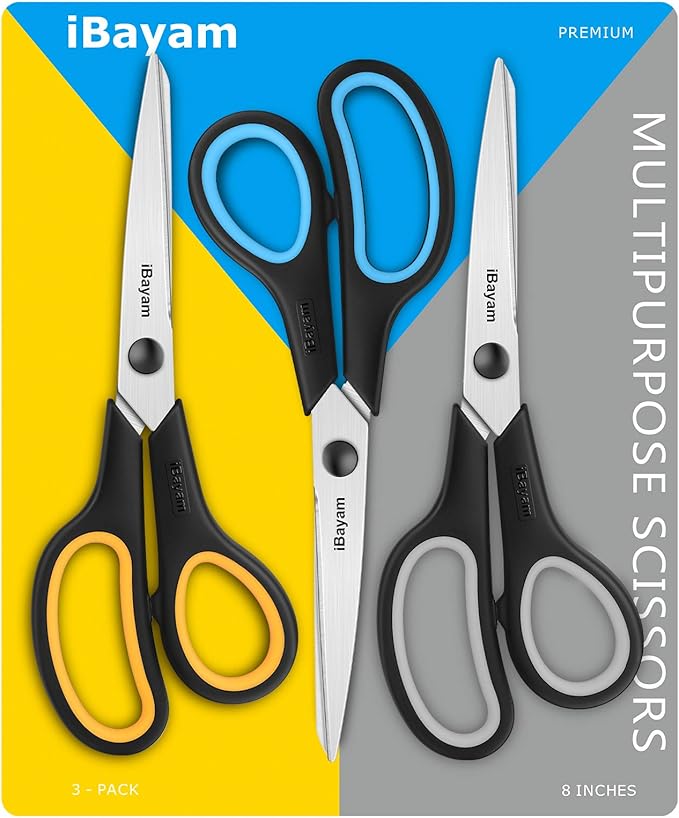 Scissors All Purpose, iBayam 8" Heavy Duty Scissors Bulk 3-Pack, 2.5mm Thickness Ultra Sharp Blade Shears with Comfort-Grip Handles for Office Home School Sewing Fabric Craft Supplies, Right/Left Hand - Image 7