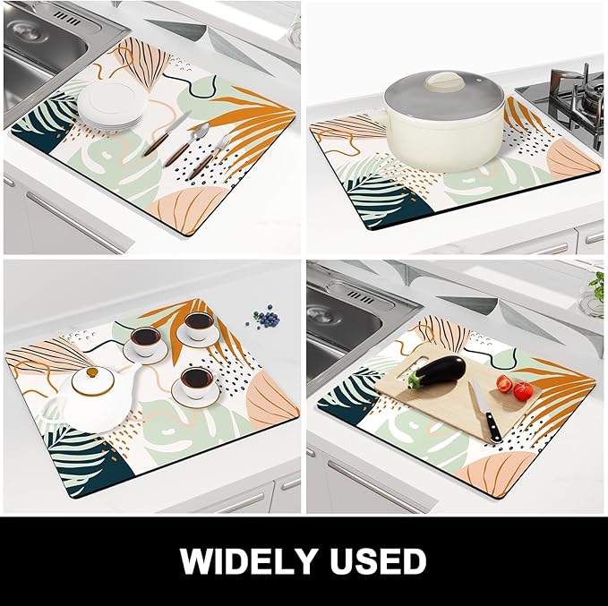 Rnivvi Dish Drying Mat for Kitchen Counter, 16 x 18" Cute Boho Theme Absorbent Heat Resistant Drying Pad with Non-slip Rubber, Coffee Bar Mats for Coffee Machine Dish Rack, Tropical Leaves - Image 7