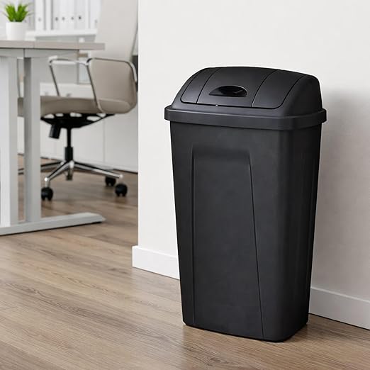 13 Gallon Kitchen Trash Can, Black Swing Top Garbage Bin, Durable Plastic Waste Bin for Home Bathroom Office Bedroom Use