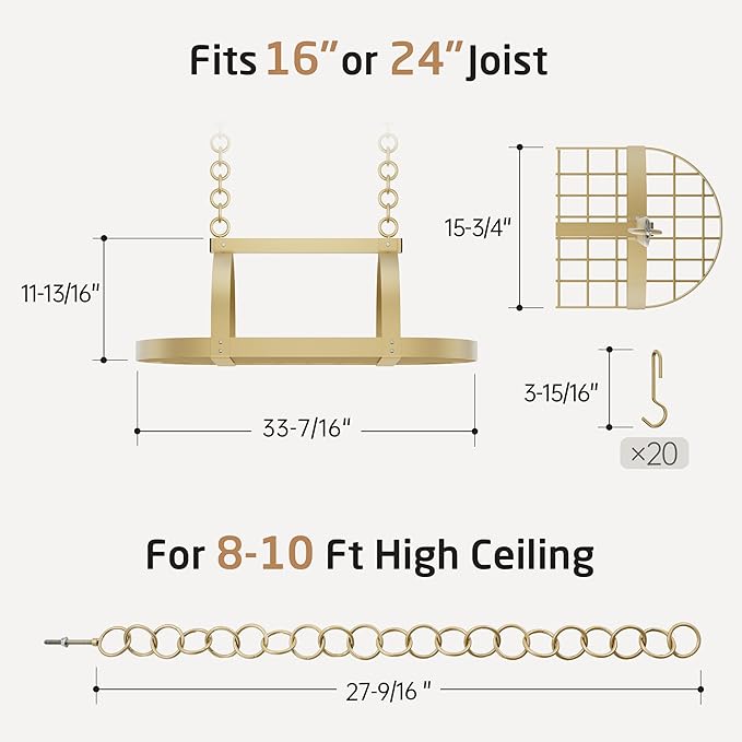 KES Gold 34 Inch Hanging Pot Rack, 100 LBS Capacity Heavy Duty Oval Pot and Pan Hanging Rack Ceiling Mount, Pot Pan Hangers Organizer for Kitchen Island with 20 Hooks (For 16" and 24" Joist) - Image 9