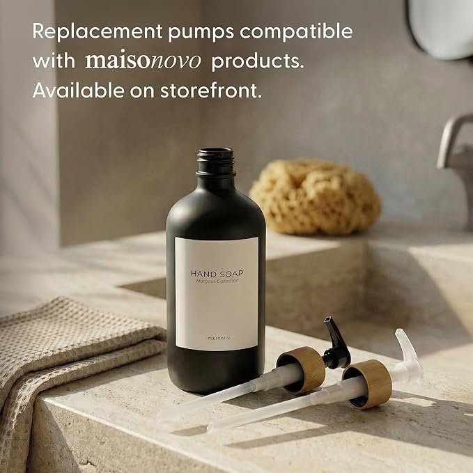 MaisoNovo Glass Dish Soap Dispenser for Kitchen Set of 2-16.9oz Dish and Hand Soap Dispenser Set for Kitchen - Black Glass Bottles x 2 with Black Bamboo Pumps & Tray