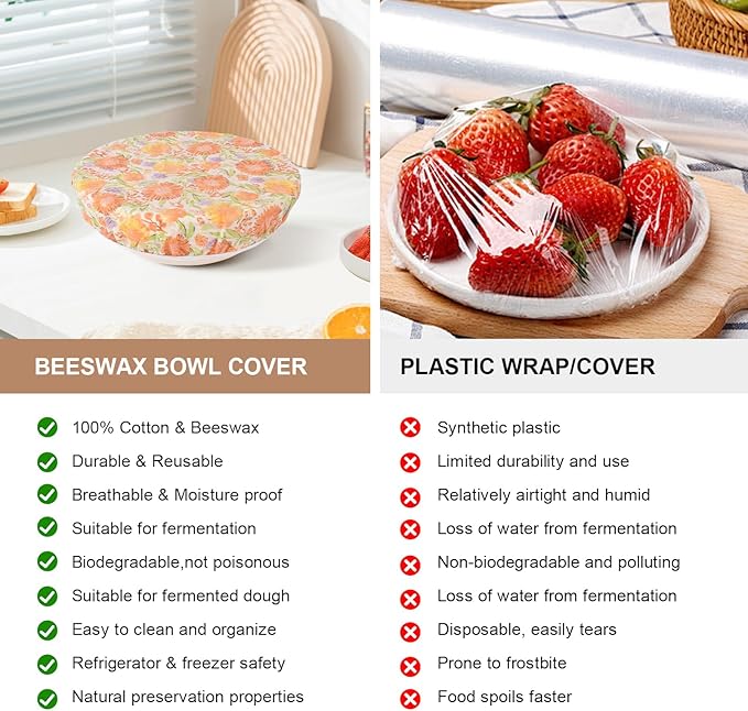 Reusable Bowl Covers for Bread Proofing - Beeswax Bowl Covers Reusable 3 Set, Cotton Blend Stretch Design, Fits 4-13 Inch Bowls, Shower Caps for Sourdough Bread, Dough Proofing & Food Storage(Flower)