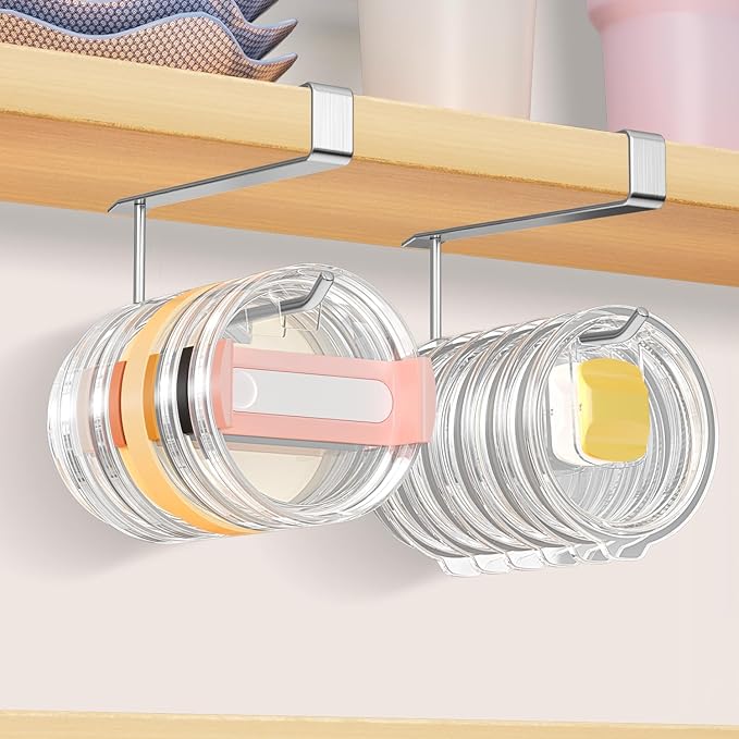 2 Pack Tumbler Lid Organizer, Under Cabinet Cup Lid Holder for Yeti Insulated Mug/Stanley Insulated Mug/Simple Modern Insulated Mug Lid, No Gluing, No Drilling, Up to 10 Lids (Stainless Steel) - Image 8