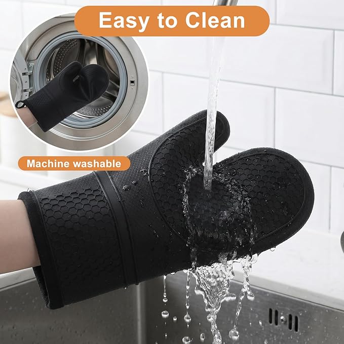 6 Pcs Oven Mitts and Pot Holders Sets for Kitchen, Extra Long Silicone Oven Gloves High Heat Resistant 500 Degrees Non-Slip Potholders Hot Pads for Baking Cooking (Black) - Image 8