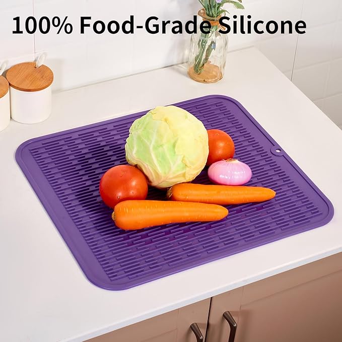 ZLR Large Silicone Dish Drying Mat (16" x 18") - XL Heavy Duty Drainboard Mat for Pots, Pans & Family Loads - Heat Resistant Trivet & Counter Protector, Easy Clean (Meadow Violet) - Image 9