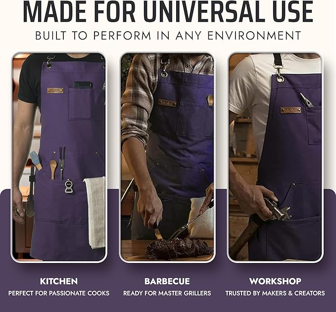 Asaya Chef and BBQ Apron with Bottle Opener and Hand Towel - 10oz Cotton Canvas, Stainless Steel Hardware - Cross Back Straps - Image 7