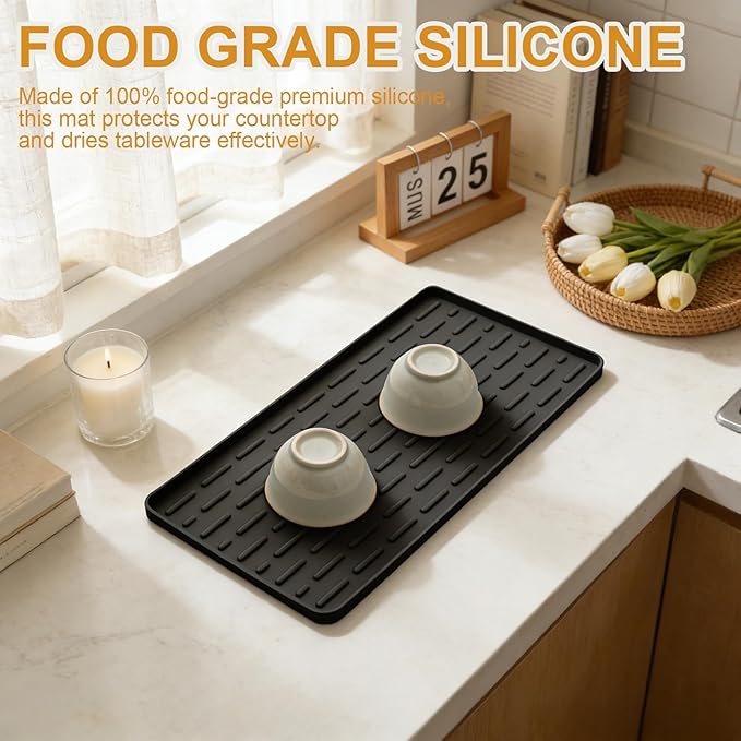 Silicone Coffee Mat, 16"X7" Heat-Resistant,Eco-friendly,Hygienic Drying Pad,Leak-Proof and Non-Slip,Removable Silicone Mat with Concave and Convex Design,(Black 16X7) - Image 5
