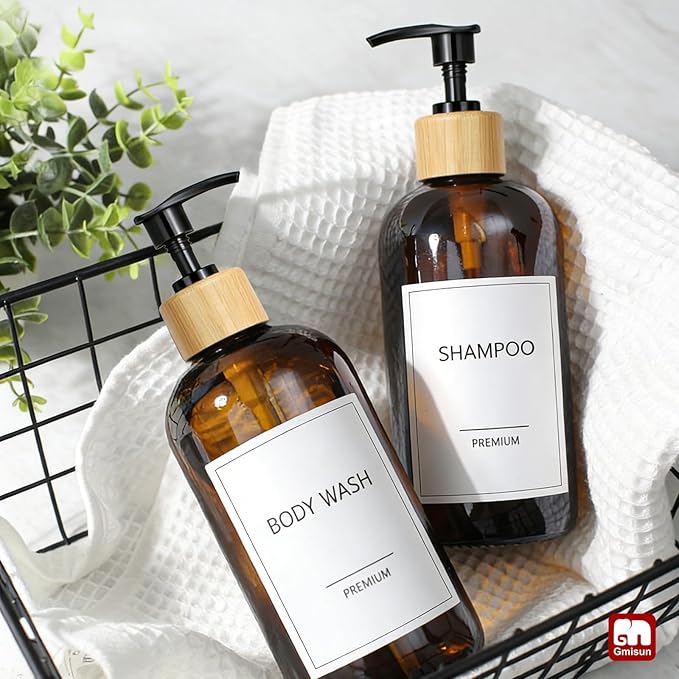 GMISUN Amber Glass Soap Dispenser, 2 Pack Bathroom Hand Soap Dispensers with Bamboo Pump, 17 Fl Oz Kitchen Hand and Dish Soap Dispenser Set, Modern Vintage Liquid Brown Soap Dispensers Bottle - Image 8