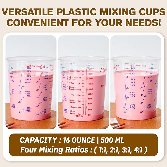 16 oz Plastic Mixing Cups, 100 Pack 16 oz (500ml) Disposable Measuring Cups with 100 Wooden Mixing Sticks, Can Be Used for Epoxy Resin, Liquid Measuring, Paint, Cooking and Baking - Image 8