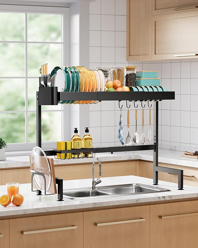 Sakugi Over The Sink Dish Drying Rack, Expandable 2-Tier Stainless Steel Kitchen Storage Organization Accessories for Countertop, Rustproof & Space-Saving, 30"–34.5" L x 12" W x 25" H, Black - Image 8