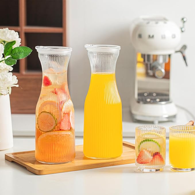 INSETLAN 1 Liter Ribbed Glass Carafe with Lid, Set of 4- Juice Carafe for Mimosa Bar, Brunch,Parties, Beverage Serveware,Cold Brew Coffee, Milk, Iced Tea, Lemonade -Includes 4 Wooden Chalkboards