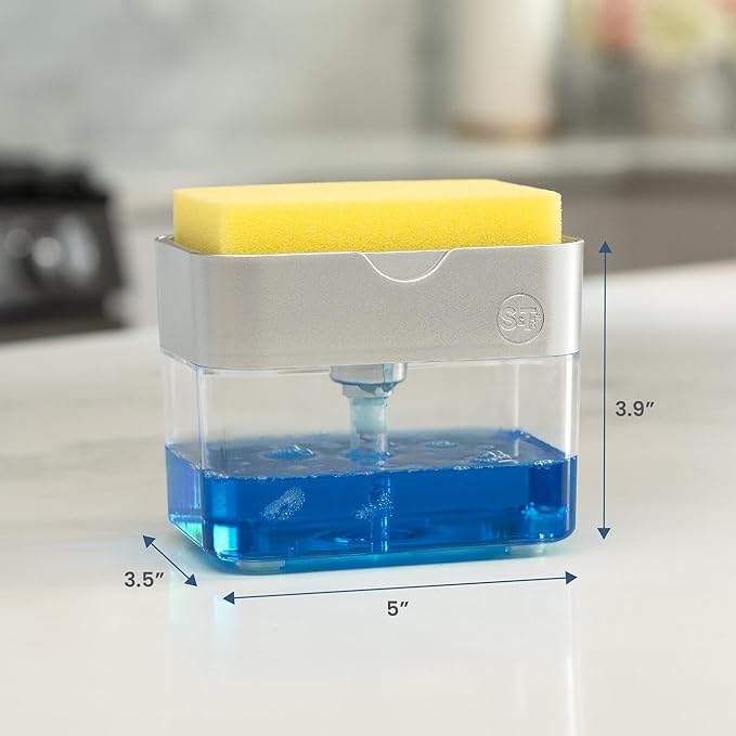 S&T INC. Dish Soap Dispenser and Sponge Holder for Kitchen Sink with Enhanced Features, Sponge Included, 13 Ounces, Silver - Image 6