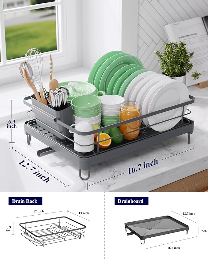 Kitsure Dish Drying Rack for Kitchen Counter, Stainless Steel Sink Organization and Storage Essentials with Cutlery Holder, Home and Appartment Decor, 12.7''W x 16.7''L, Grey - Image 2