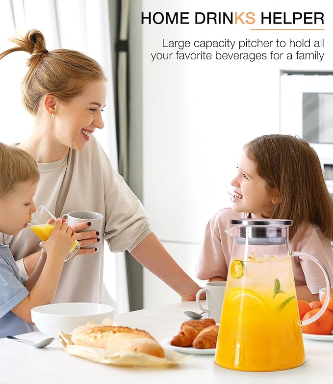 LUNA&MANTHA Glass Pitcher, 2 Liter 68oz Water Pitcher with lid and Handle, Large Ice Tea Jug for Fridge, Borosilicate Glass Carafe for Hot/Cold Drink, Juice, Coffee, Milk, Beverage - Image 7