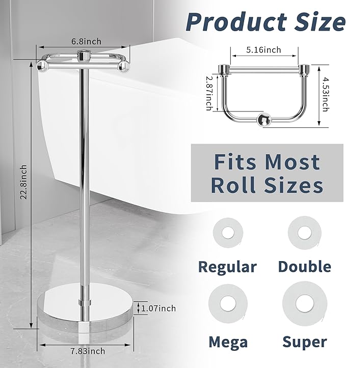 RARXTR Toilet Paper Holder Stand, Post Pivoting Design Free Standing Toilet Paper Holder, SUS304 Stainless Steel Toilet Paper Roll Holder, Heavy Stable Base (Chrome)
