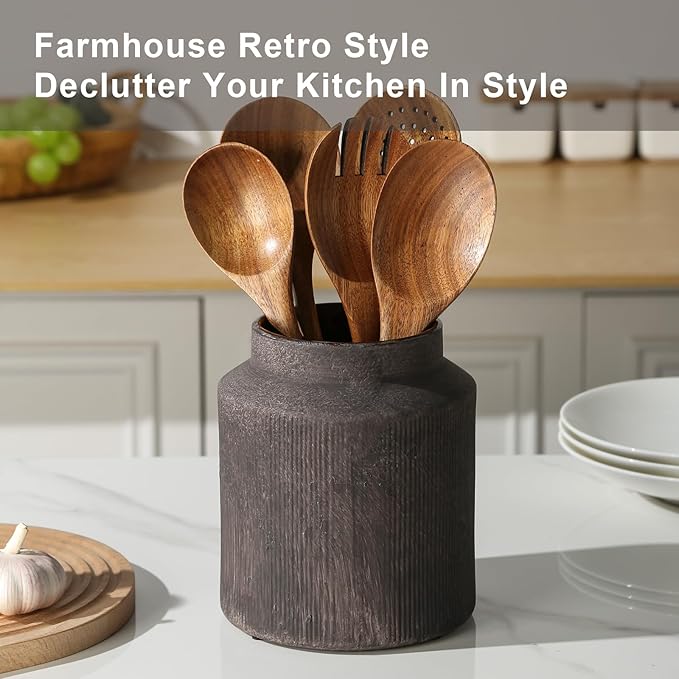 Farmhouse Ceramic Farmhouse Kitchen Utensil Holder for Countertop, Rustic Cooking Utensil Holder Crock Fit for Kitchen Counter. 6.1 x 6.1 x 7 IN - Image 6
