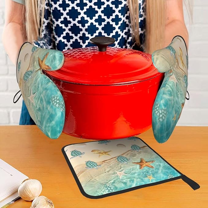 Sea Turtles Beach Oven Mitts and Pot Holders Sets of 3 Nautical Kitchen Decor Heat Resistant Hot Pads Teal Nautical Decorative Oven Gloves for Cooking Grilling Baking - Image 7