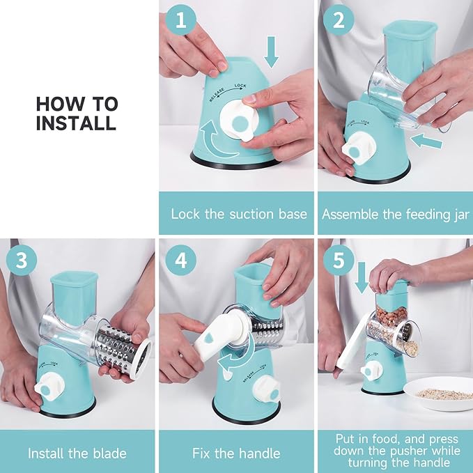 Rotary Cheese Grater, Cheese Grater Hand Crank with 3 Interchangeable Blades, Manual Cheese Shredder with Strong Suction Base, Easy to Use and Clean, Blue - Image 6