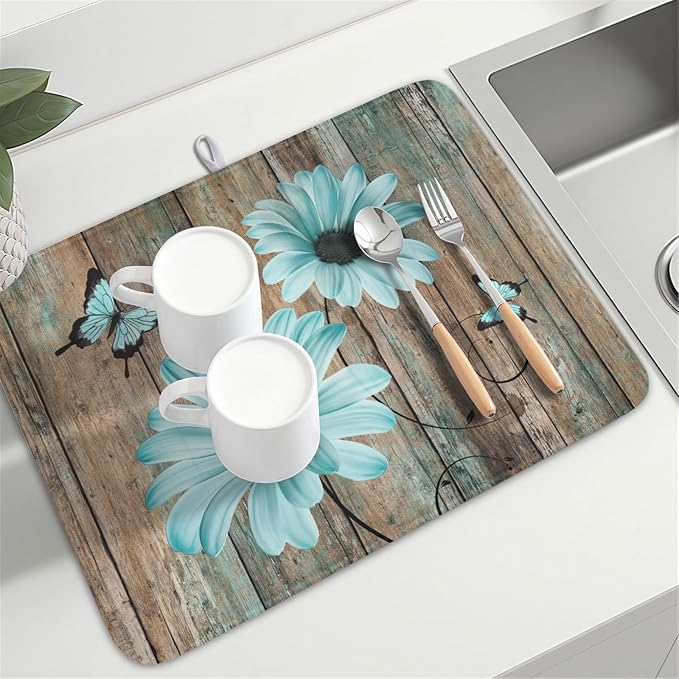 Teal Sunflowers Drying Mat 24x18 Inch, Summer Wooden Board Drying Mat with Absorbent Reversible Microfiber, Rustic Dish Drainer Mats Shabby Chic Floral Rack Pad for Coffee Countertop Kitchen Protector