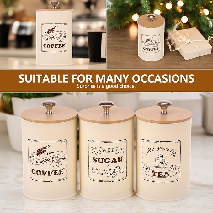 3 Pack Coffee Tea Sugar Container Set with Bamboo Lids Airtight Metal Canister Sets for Kitchen Counter Vintage Coffee Bar Container Set Rustic Farmhouse Kitchen Decor