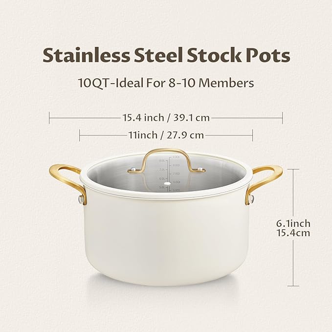 BEZIA 10 Quart Stainless Steel Stock Pot, Large Soup Pot, Casserole with Lid, Stockpot with Visible Lid, Silicone Edging, Sturdy & Double Handle, Induction Cooking Pot for Pasta, Soup, Spaghetti - Image 8
