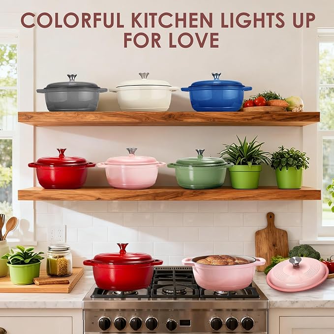 Cast Iron Dutch Oven Pot With Lid - AIVIKI 5QT Enameled Dutch Oven for Bread Baking With Cotton Potholders - Heavy- Duty Cookware Across All Cooktops, Wedding Registry Ideas & Gifts, Pink - Image 7