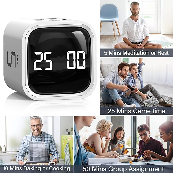 Rotating Pomodoro Timer 5, 25, 10 50 Minutes Preset, Desk Productivity Flip Timer, Cube Countdown Stopwatch for ADHD, Vibration/High/Low Volume, for Work, Study, Back to School, Kitchen, 2 White - Image 9