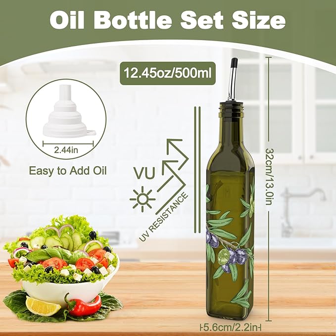 COOLMI Oil and Vinegar Dispenser Set - 17oz/500ML Premium Glass Olive Oil Dispenser Bottles for Kitchen, Oil Dispenser for Kitchen (Olive) - Image 8
