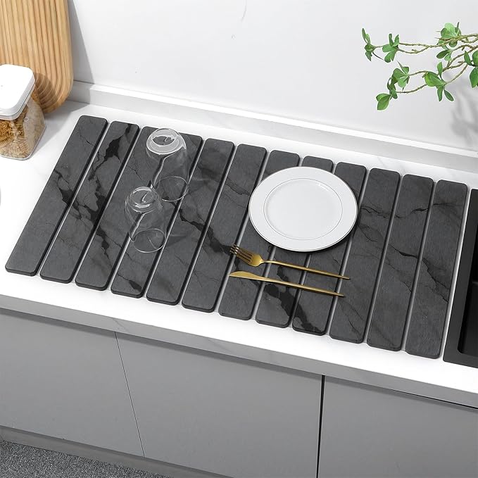 Extra Large Stone Dish Drying Mat for Kitchen Counter, Quick Dry Stone Dishes Mats, Foldable Water Absorbing Diatomaceous Drying Pad for Countertop Bottles Utensils Cups Bathroom(Dark Gray 32"×16") - Image 8