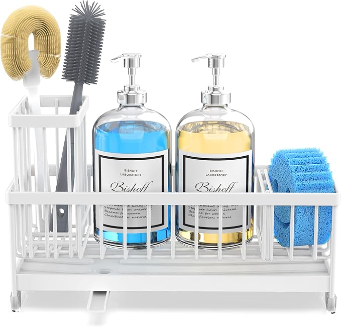 Moforoco Extra Large Kitchen Sink Caddy, Rustproof Sponge Holder with High Brush Holder, Stainless Steel White Kitchen Caddy Sink Countertop Organizer, Sponge Caddy for Kitchen Sink - Image 8