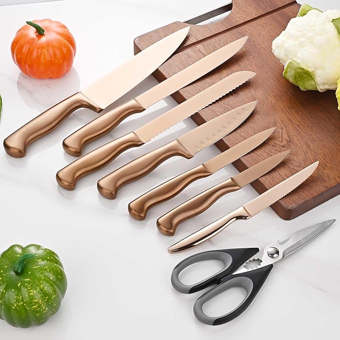 15-Piece Rose Gold Knife Block Set with Sharpener, Chef Professional Knife Set, Stainless Knife Set With Scissors, Steak Knives