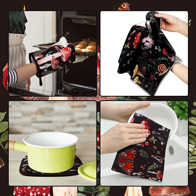 Bencailor 6 Pcs Mushroom Kitchen Towels Oven Mitts and Pot Holders Set Decorative Dish Towels Tea Washcloth Non Slip Heat Resistant Oven Gloves for Summer Home Cooking Baking, Red - Image 6