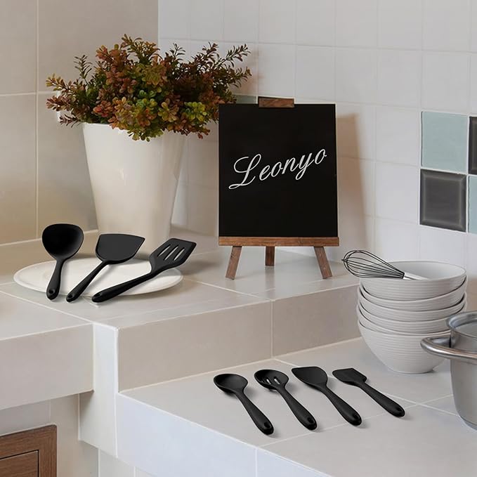 Silicone Cooking Utensils Set of 10, Leonyo Black Kitchen Utensils Set for Cooking, 446°F Heat Resistant Silicone Kitchen Tools with Turner Spatula, Soup Ladle, Serving Spoons for Nonstick Cookware